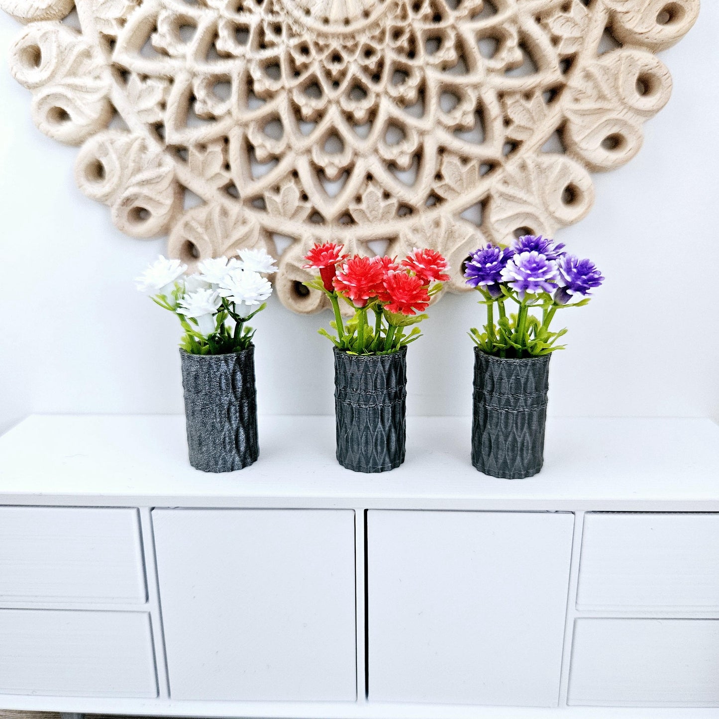 Dolls house coloured flowers in a coloured vase, miniature flowers, 12th scale