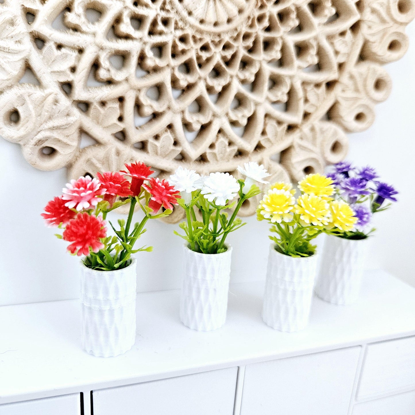 Dolls house coloured flowers in a coloured vase, miniature flowers, 12th scale