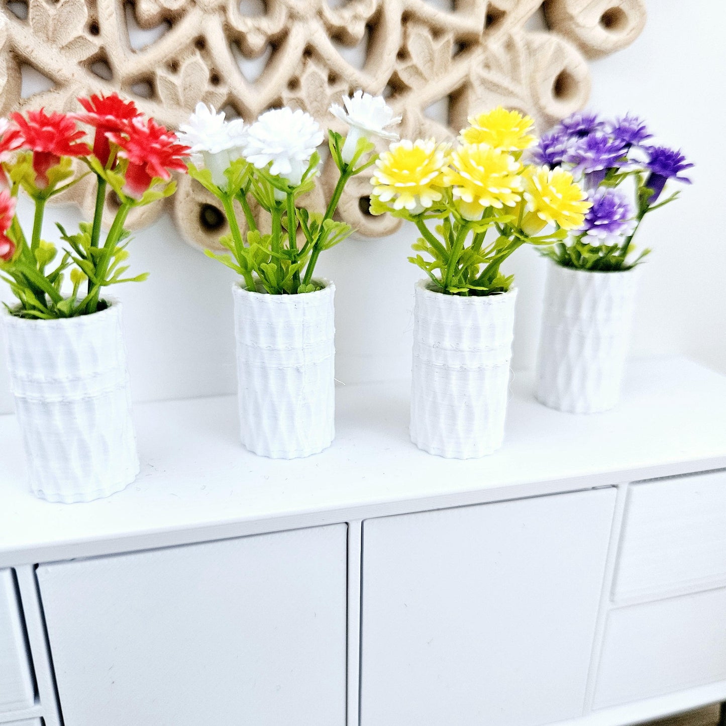 Dolls house coloured flowers in a coloured vase, miniature flowers, 12th scale