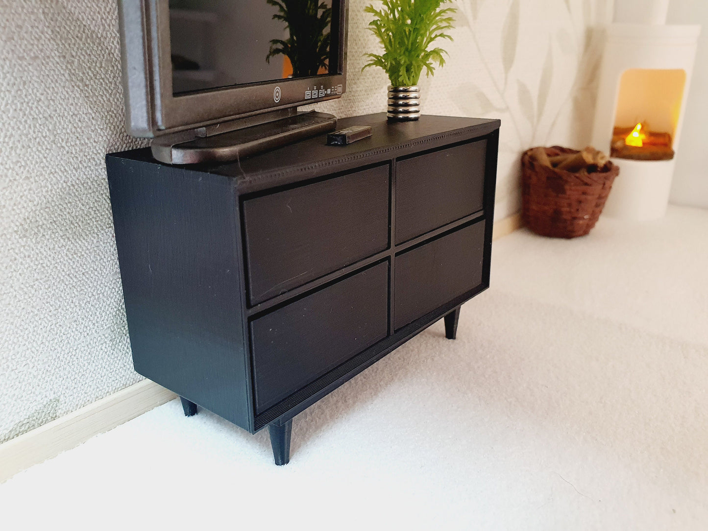 Dolls House Modern Sideboard with 4 opening drawers, Choice of Colours 1:12th Scale, Miniature chest of drawers