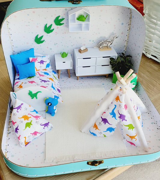 Dolls House in a Cute Little Dinosaur Travel Suitcase, 12th Scale, Miniature case, Dinosaurs, suitcase