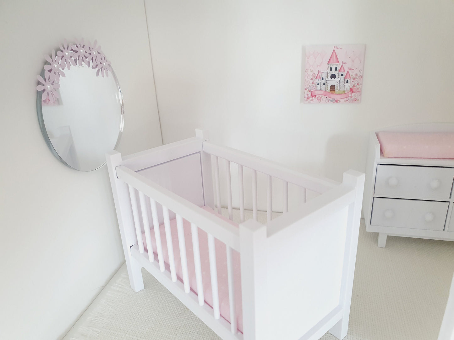 Dolls House Modern Nursery Set | Cot, Playpen, Changing Table & Rocking Chair | 1:12 Scale Miniature Furniture