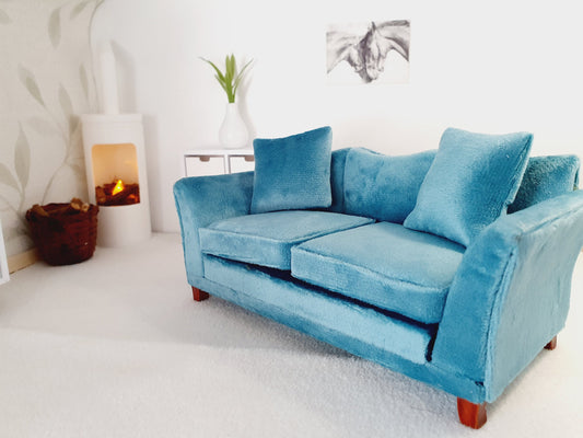 Dolls House Teal Sofa with 2x matching cushions, 1:12th Scale, Miniature Sofa (SOFA3)