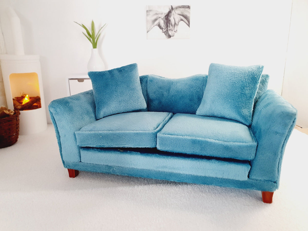 Dolls House Teal Sofa with 2x matching cushions, 1:12th Scale, Miniature Sofa (SOFA3)