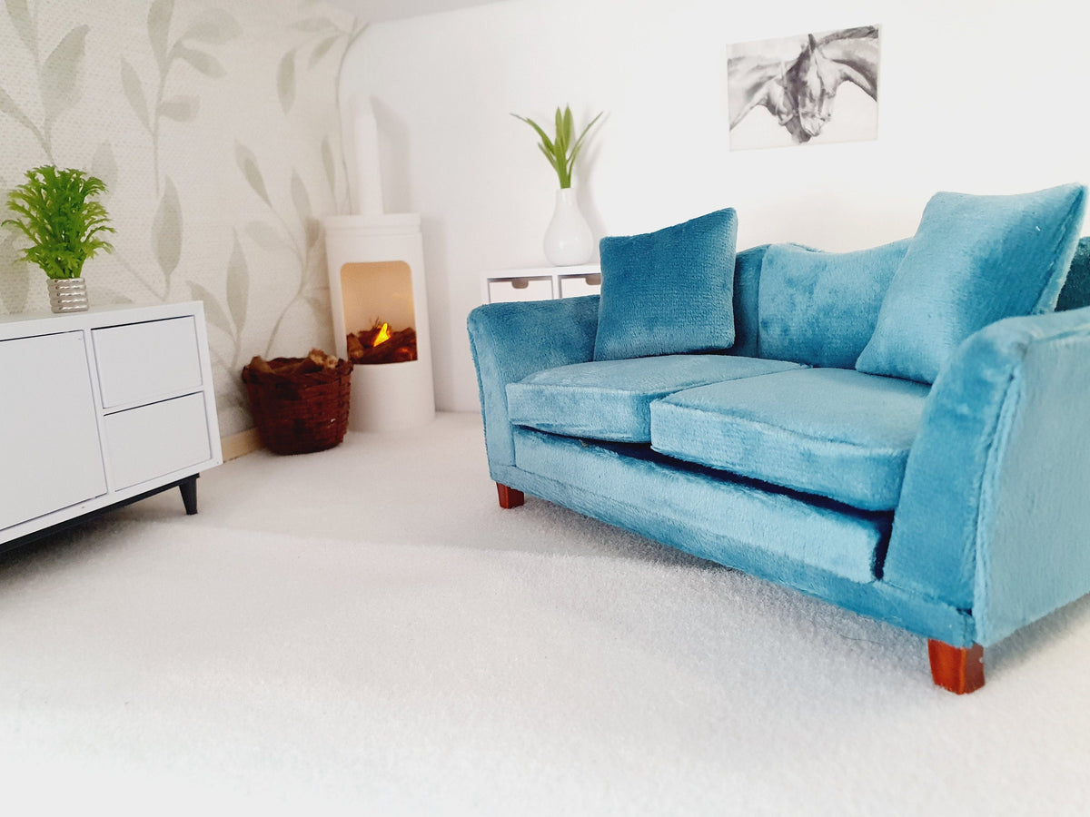 Dolls House Teal Sofa with 2x matching cushions, 1:12th Scale, Miniature Sofa (SOFA3)