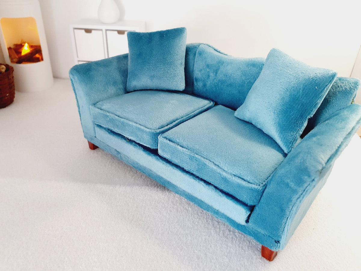 Dolls House Teal Sofa with 2x matching cushions, 1:12th Scale, Miniature Sofa (SOFA3)