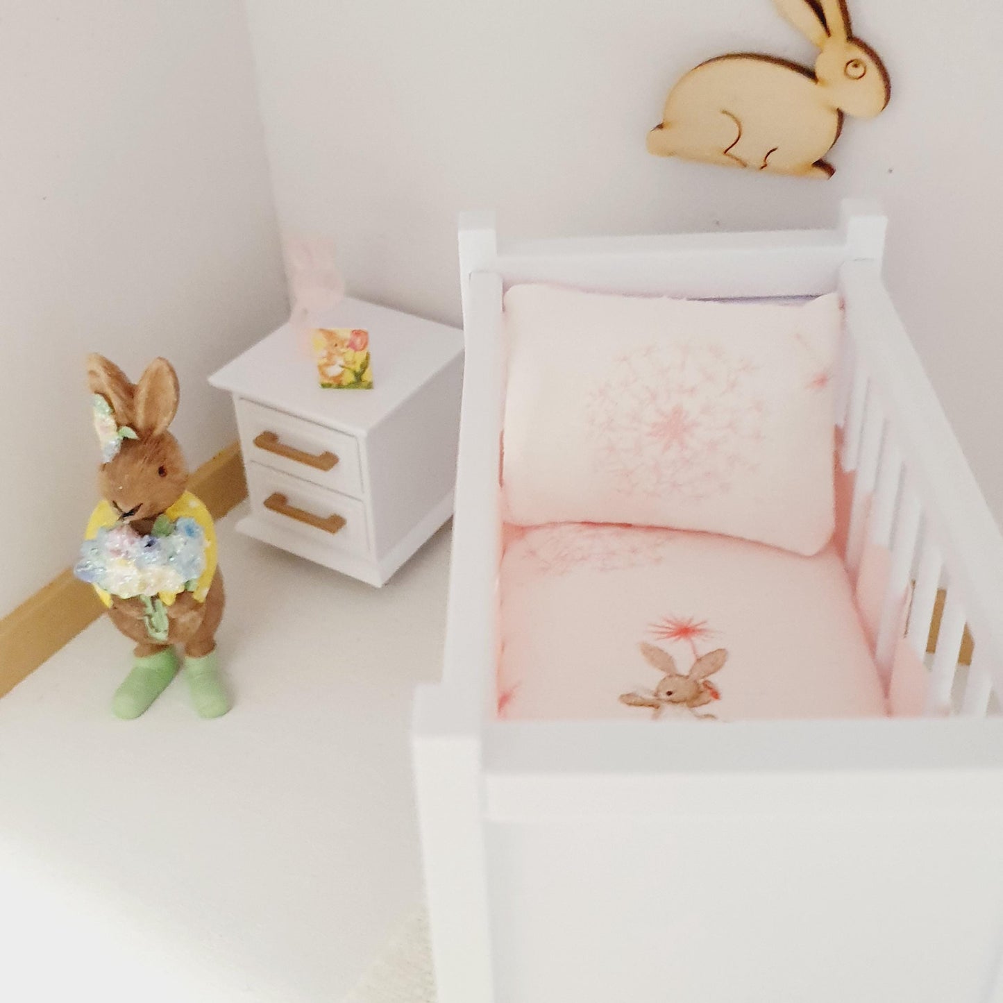 Dolls House Cute Rabbit Cot Bedding,  12th scale miniature bedding
