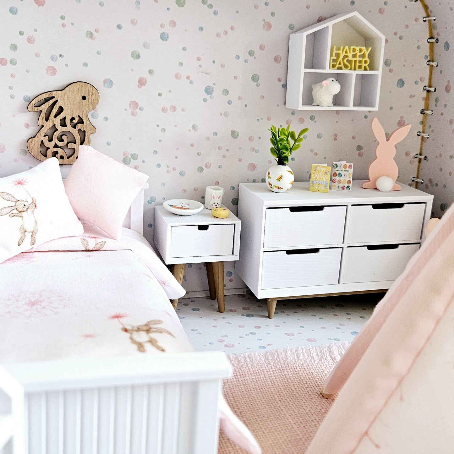 Dolls House Easter Bunny Travel Suitcase, Cute Rabbit & Dandelion Bedroom Design, 12th Scale, Miniature case