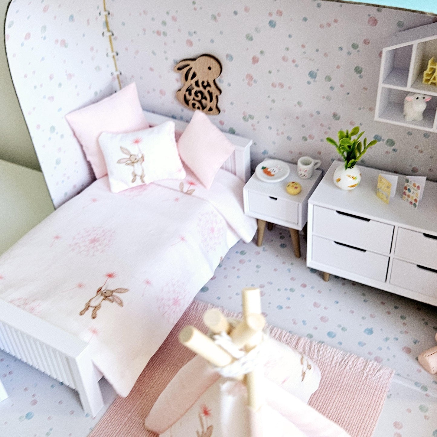 Dolls House Easter Bunny Travel Suitcase, Cute Rabbit & Dandelion Bedroom Design, 12th Scale, Miniature case