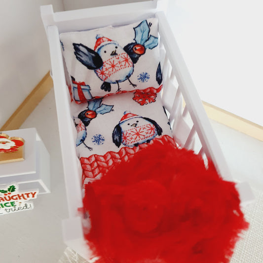 Dolls House Christmas Cot Bedding Set – Cute Penguins Design, Handmade in England, 1:12 Scale
