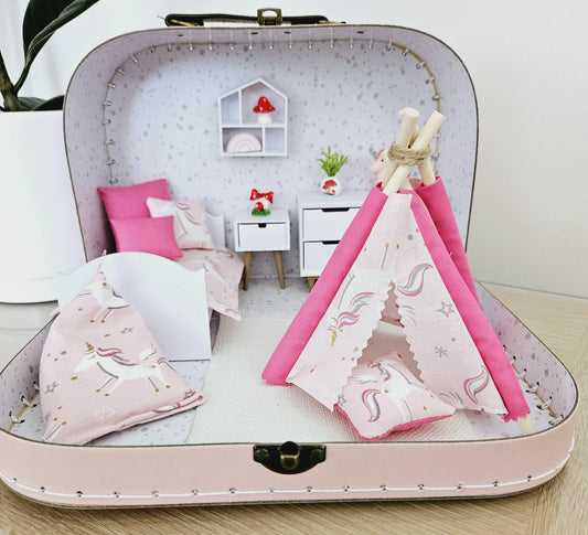 Dolls House in a Travel Suitcase, Pretty pink & White Unicorn design design, 12th Scale, Miniature case