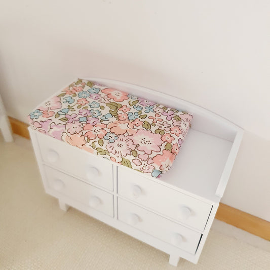 Dolls House White Modern Baby Changing Table with Liberty Michelle changing pad, 1:12th Scale, Miniature