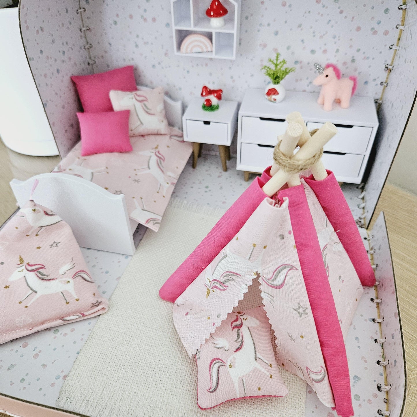 Dolls House in a Travel Suitcase, Pretty pink & White Unicorn design design, 12th Scale, Miniature case