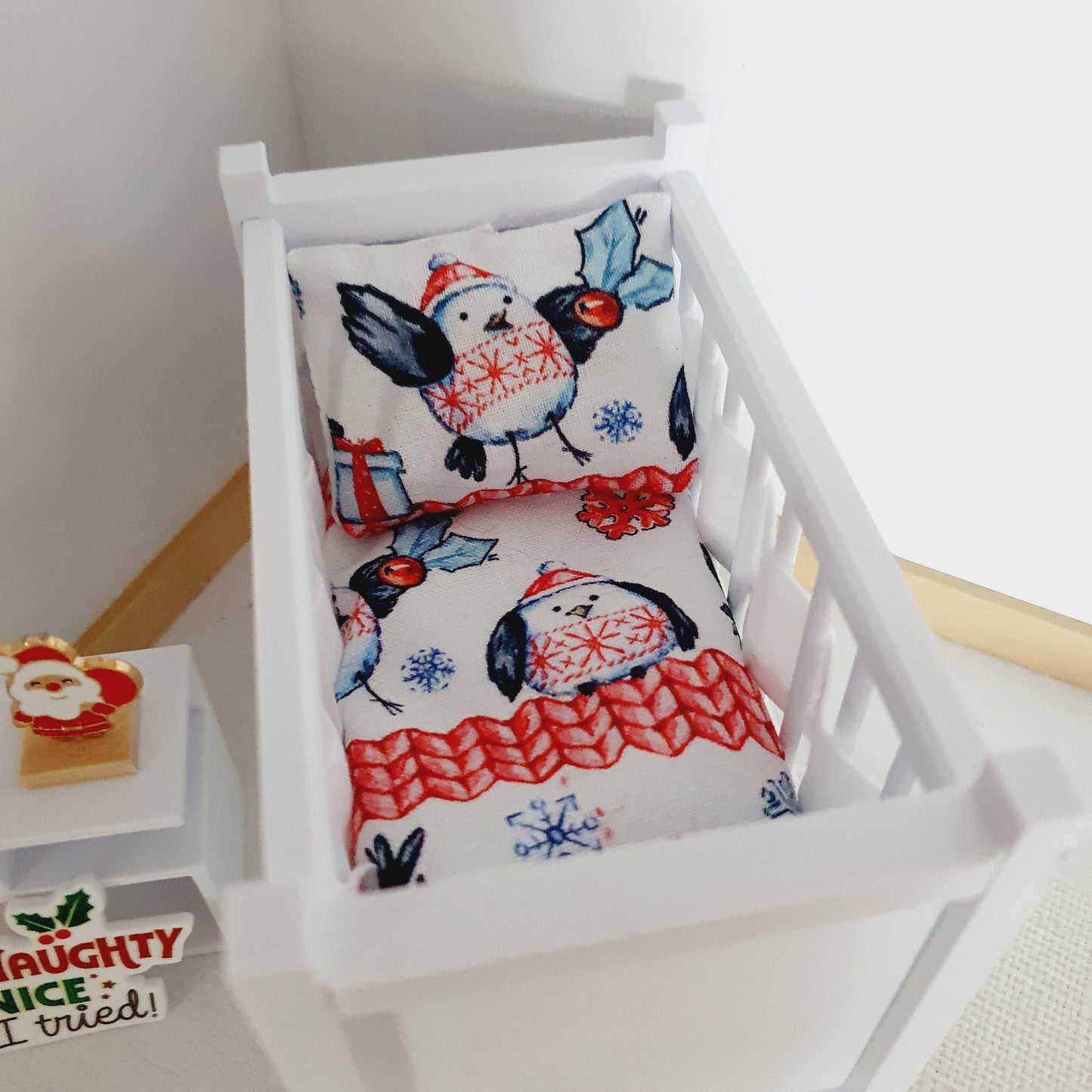 Dolls House Christmas Cot Bedding Set – Cute Penguins Design, Handmade in England, 1:12 Scale