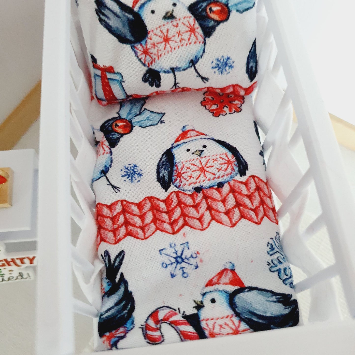 Dolls House Christmas Cot Bedding Set – Cute Penguins Design, Handmade in England, 1:12 Scale