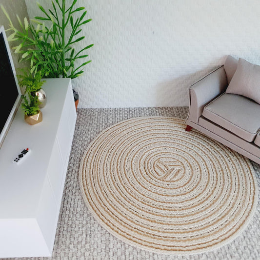 Dolls House Modern Round Beige Rug  1:12th Scale, Miniature Rug