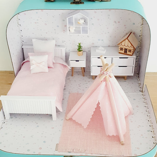 Dolls House in a Travel Suitcase, Pretty pink design, 12th Scale, Miniature case