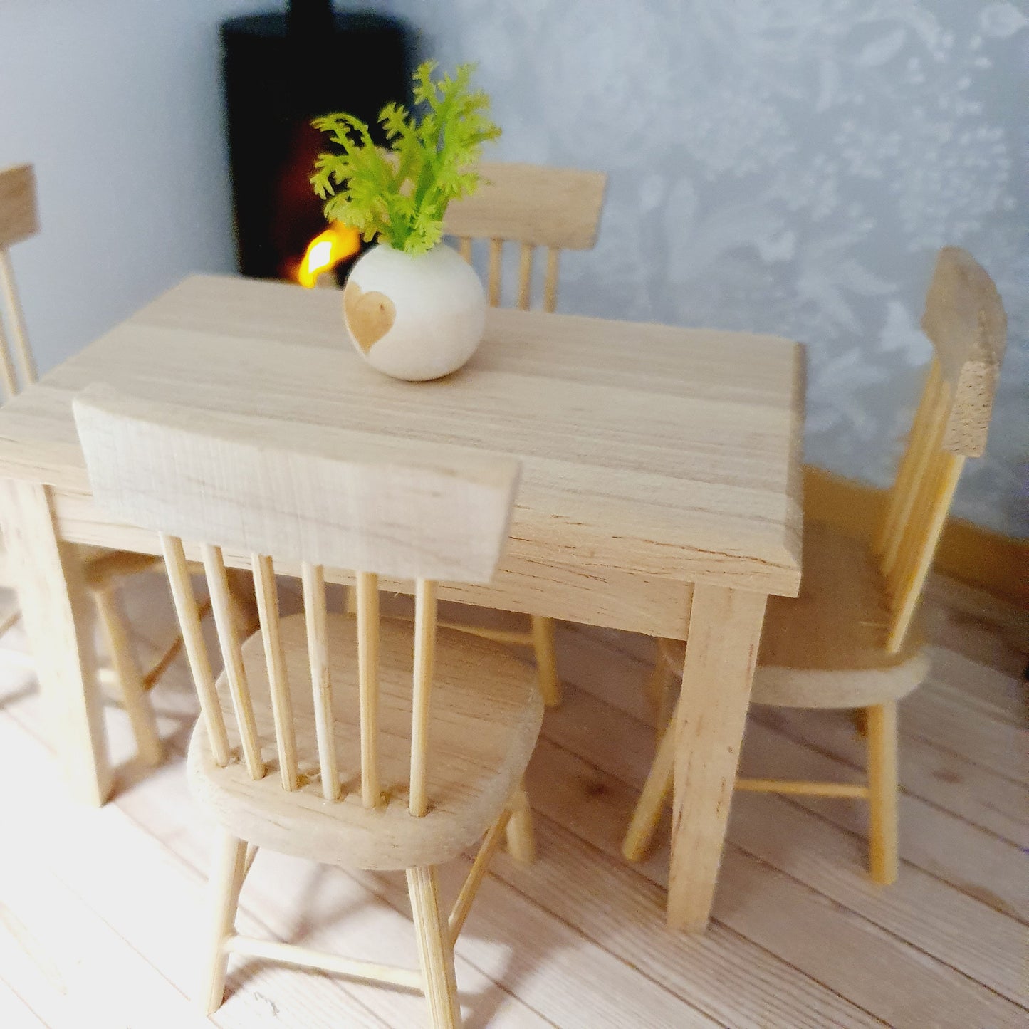 Dolls House Wooden Table and 4 Chairs Set,  Miniature Furniture, Dollhouse Accessories, Rustic Farmhouse Style (K-SET)