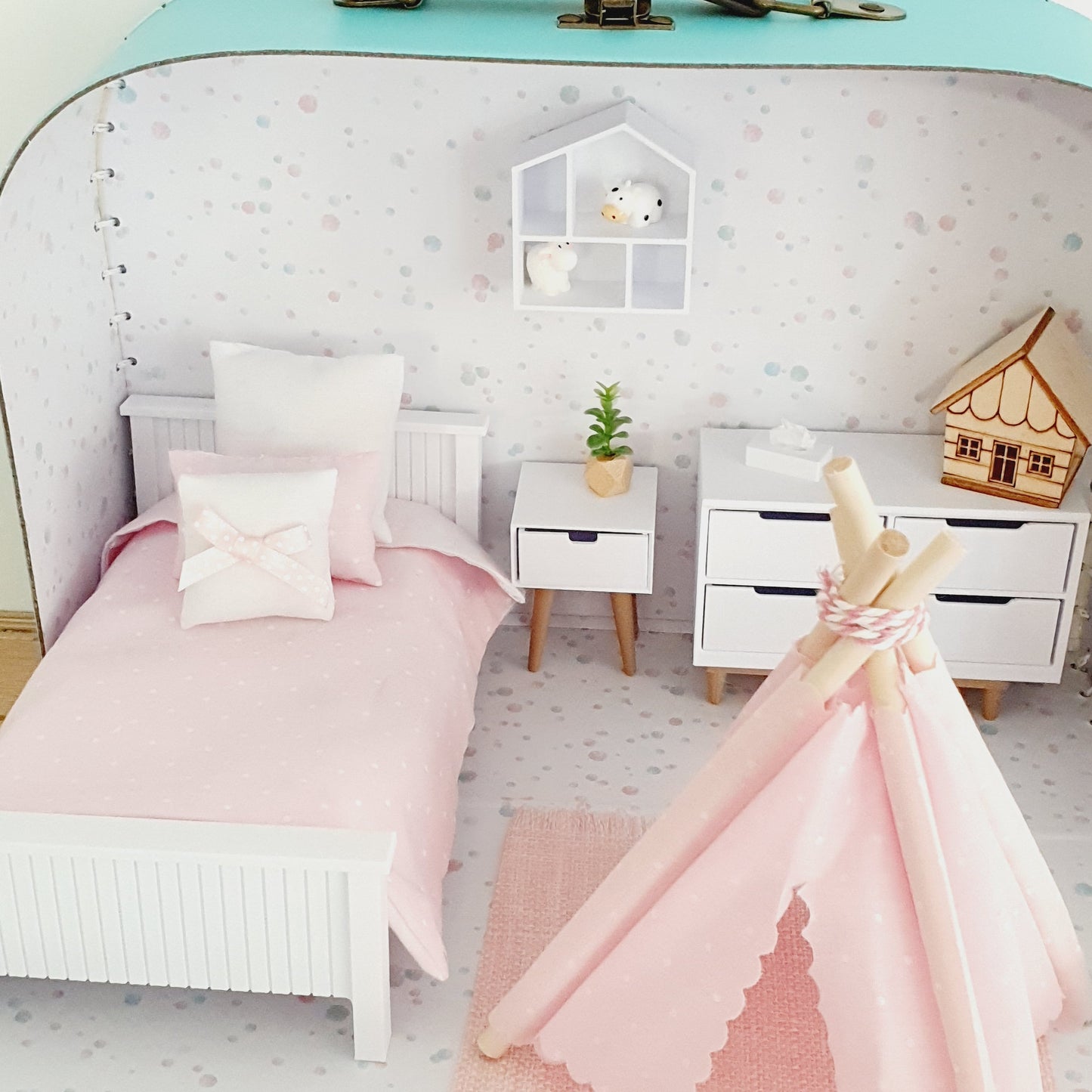Dolls House in a Travel Suitcase, Pretty pink design, 12th Scale, Miniature case