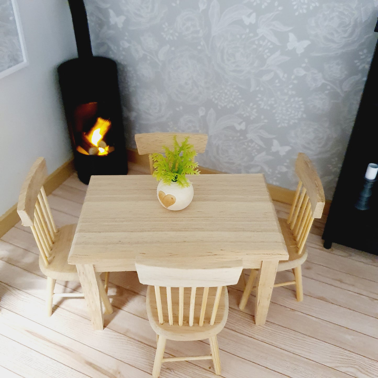 Dolls House Wooden Table and 4 Chairs Set,  Miniature Furniture, Dollhouse Accessories, Rustic Farmhouse Style (K-SET)