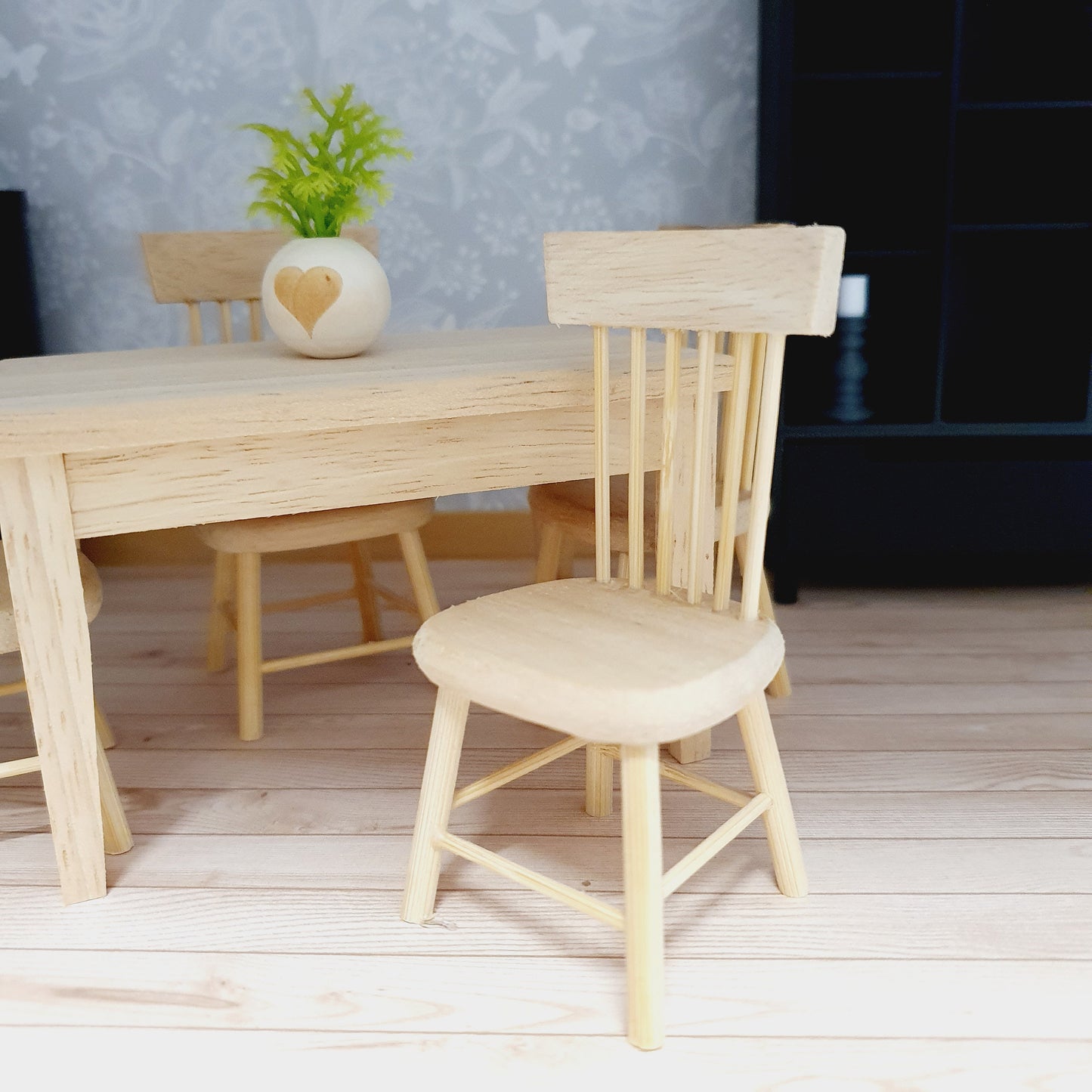 Dolls House Wooden Table and 4 Chairs Set,  Miniature Furniture, Dollhouse Accessories, Rustic Farmhouse Style (K-SET)