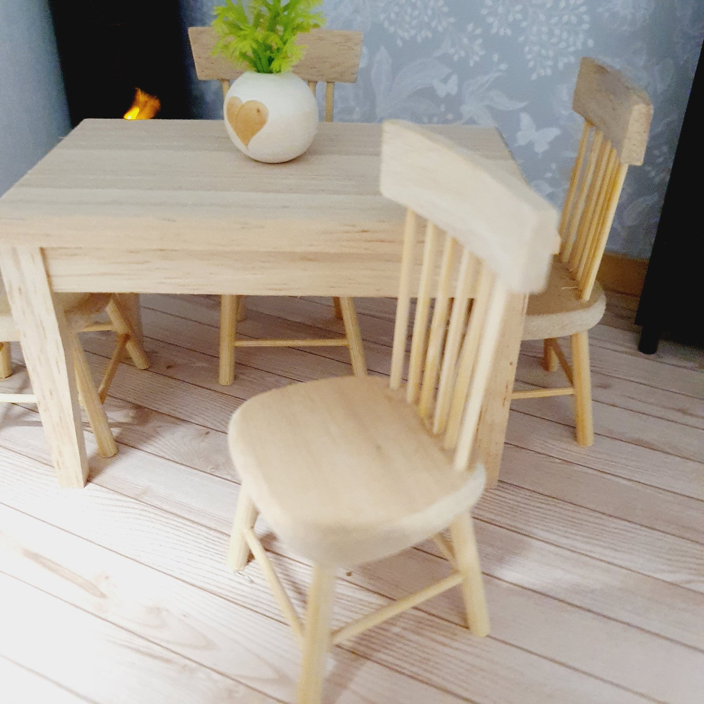 Dolls House Wooden Table and 4 Chairs Set,  Miniature Furniture, Dollhouse Accessories, Rustic Farmhouse Style (K-SET)