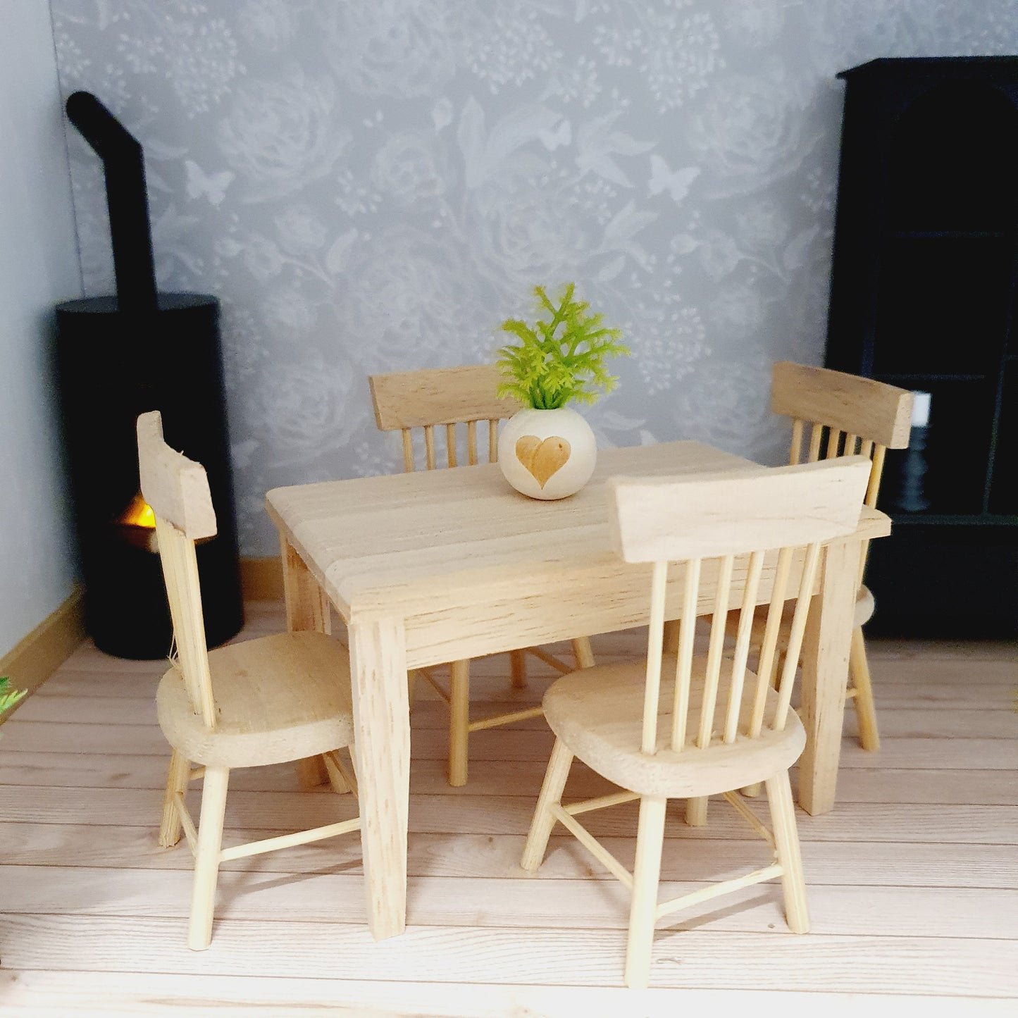 Dolls House Wooden Table and 4 Chairs Set,  Miniature Furniture, Dollhouse Accessories, Rustic Farmhouse Style (K-SET)