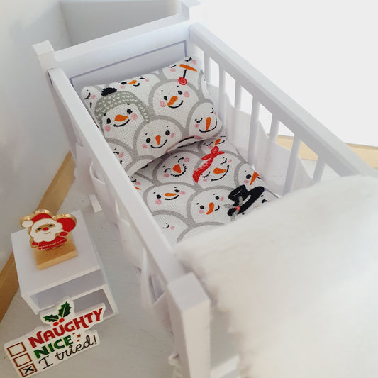 Dolls House Christmas Cot Bedding Set – Snowman Collage Theme, Handmade in England, 1:12 Scale