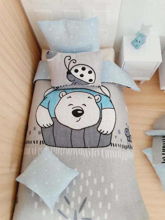 SALE!! Dolls house Single Bear bedding, cute bear Set, 12th scale bedding, miniature bed set