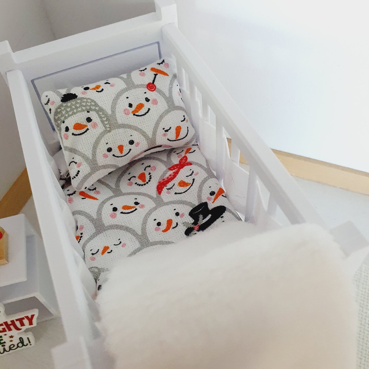Dolls House Christmas Cot Bedding Set – Snowman Collage Theme, Handmade in England, 1:12 Scale