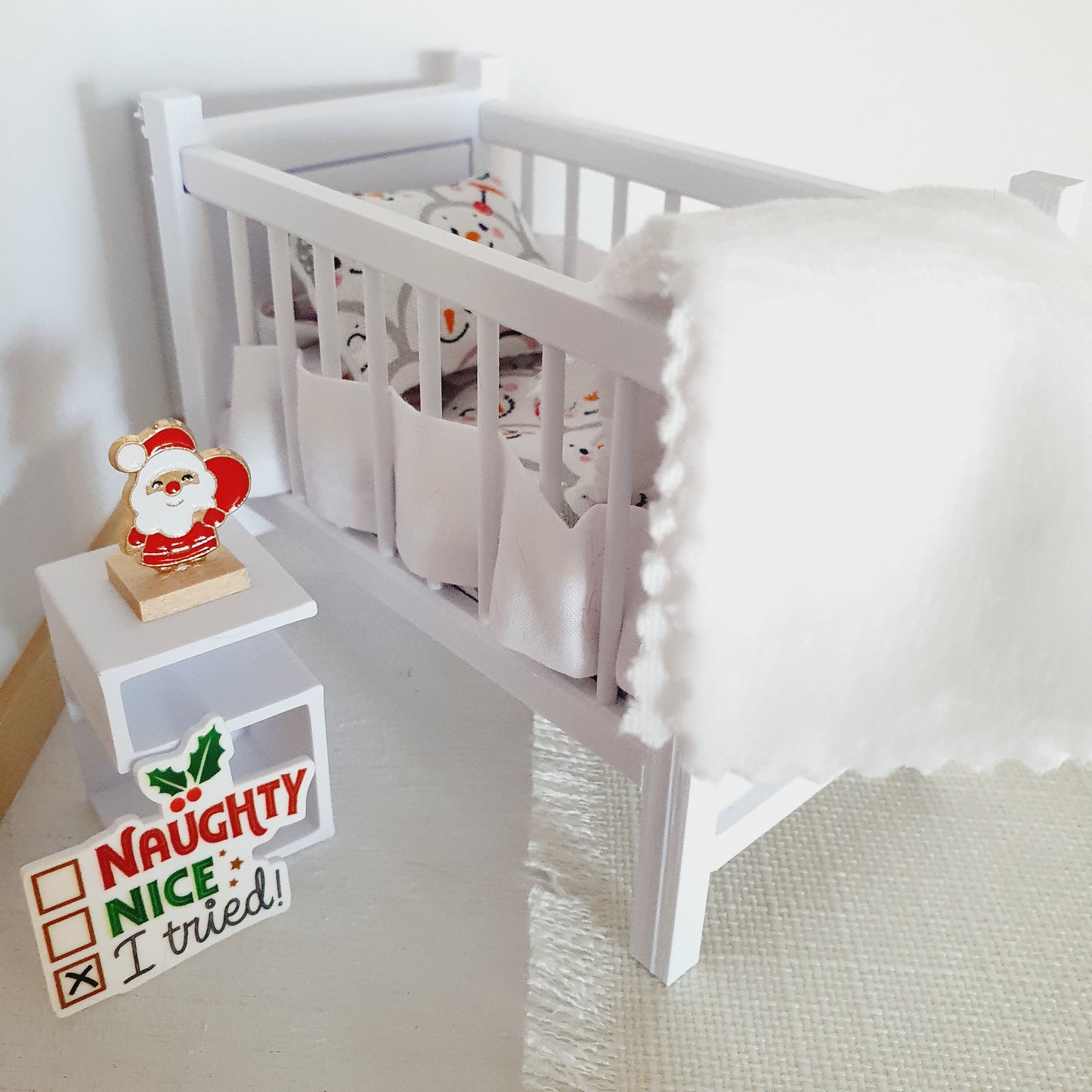 Dolls House Christmas Cot Bedding Set – Snowman Collage Theme, Handmade in England, 1:12 Scale