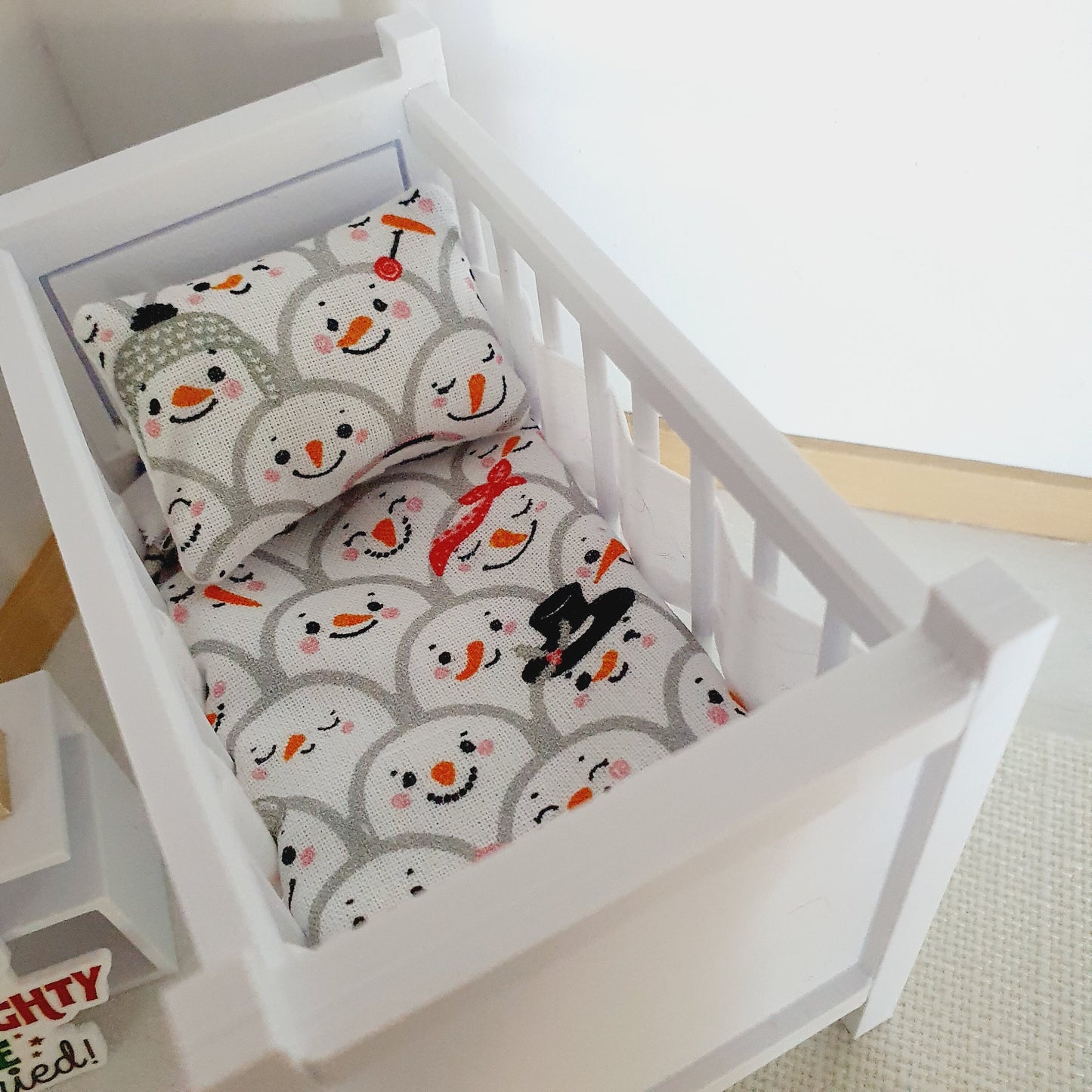 Dolls House Christmas Cot Bedding Set – Snowman Collage Theme, Handmade in England, 1:12 Scale