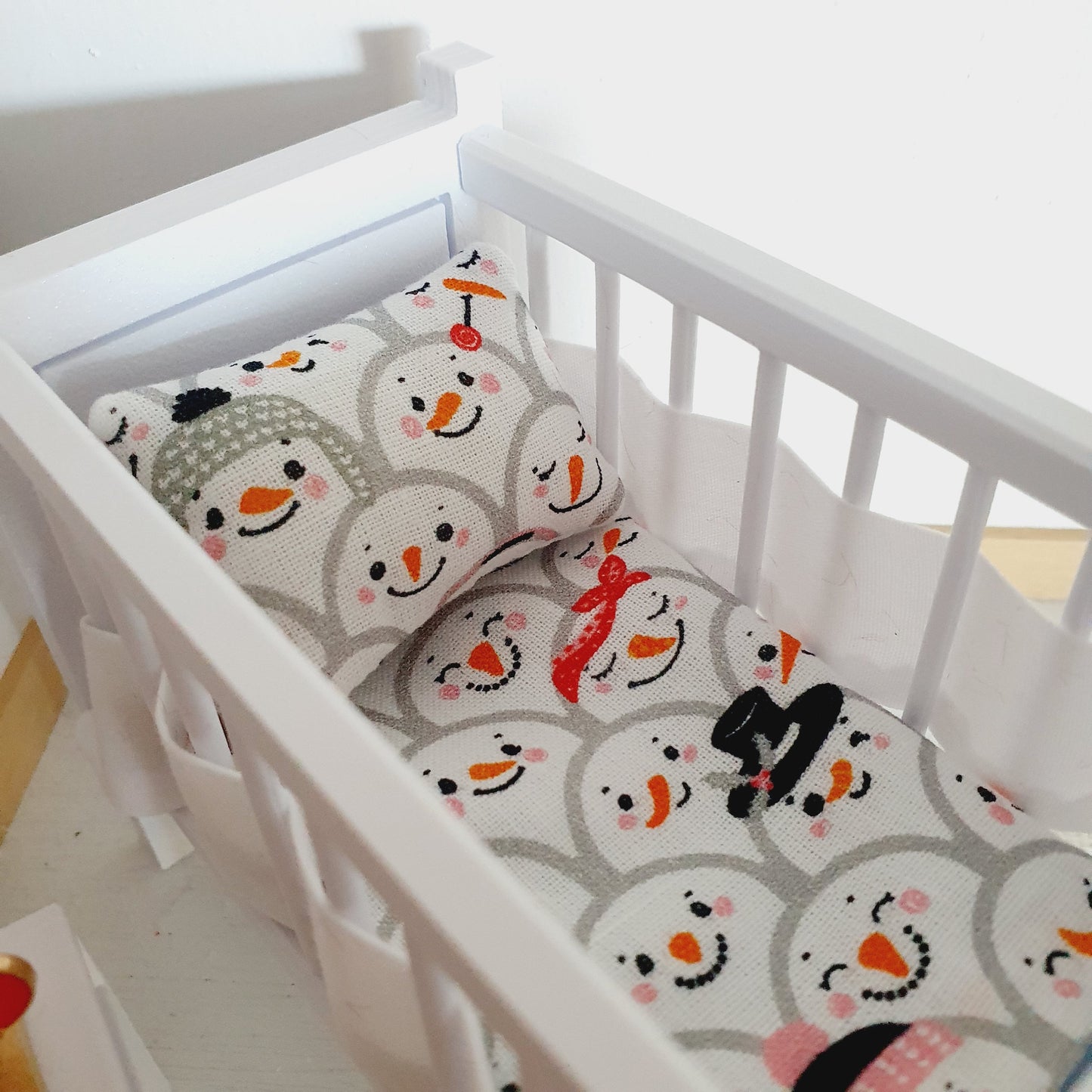 Dolls House Christmas Cot Bedding Set – Snowman Collage Theme, Handmade in England, 1:12 Scale