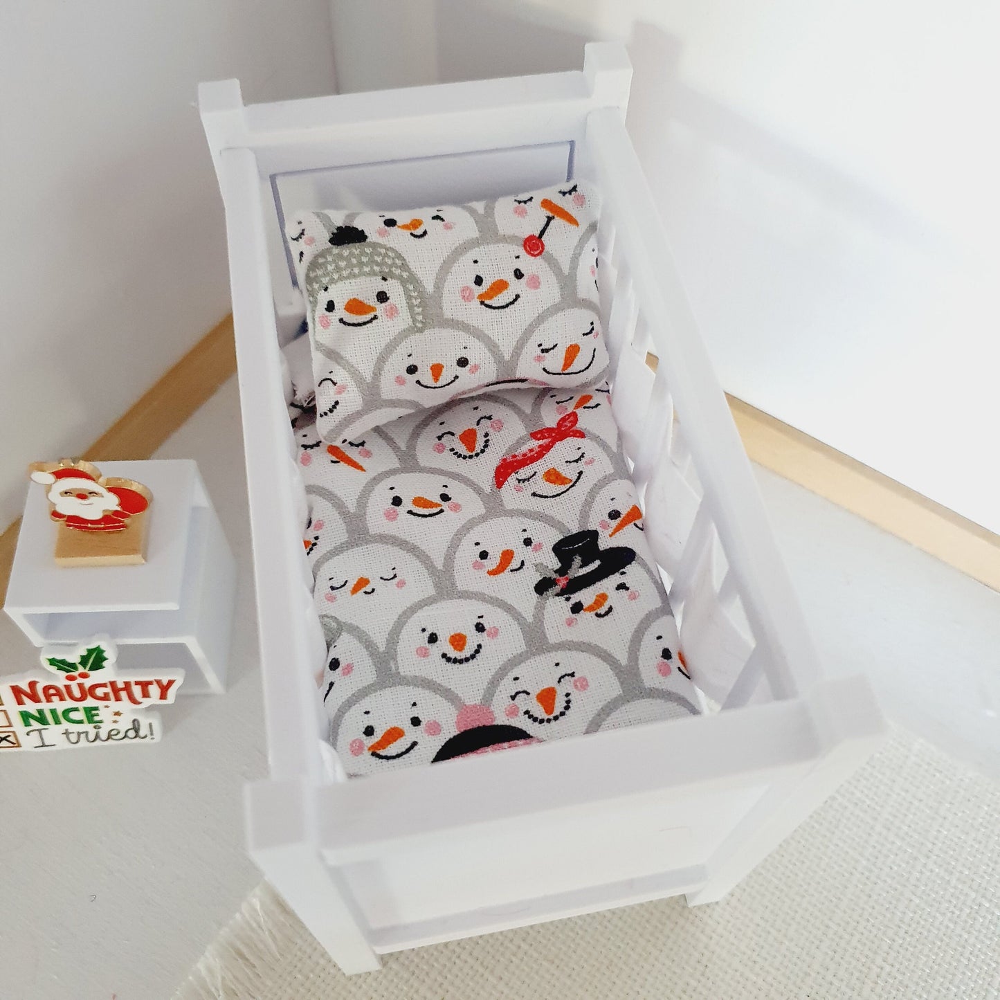 Dolls House Christmas Cot Bedding Set – Snowman Collage Theme, Handmade in England, 1:12 Scale