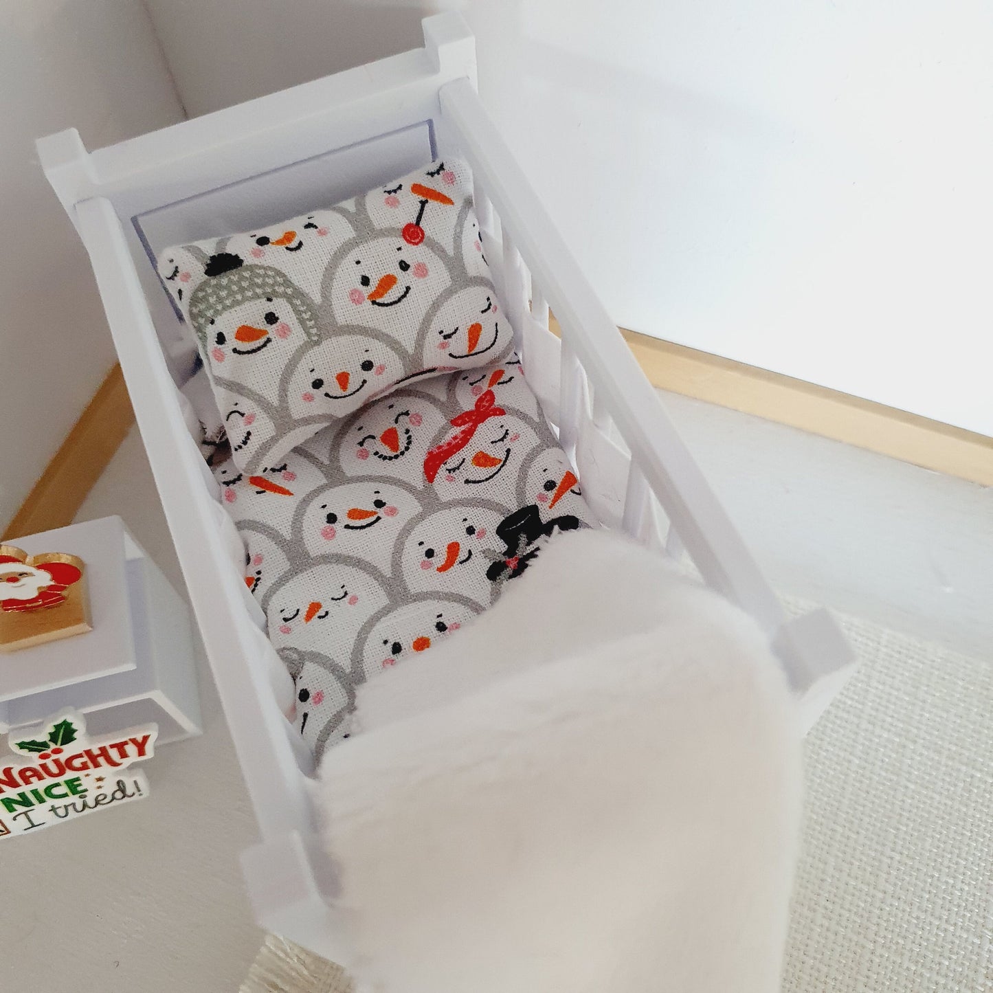 Dolls House Christmas Cot Bedding Set – Snowman Collage Theme, Handmade in England, 1:12 Scale