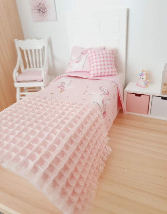 Dolls house Single bedding, Pretty Pink Unicorn 4 piece Set, 12th scale bedding, miniature bed set