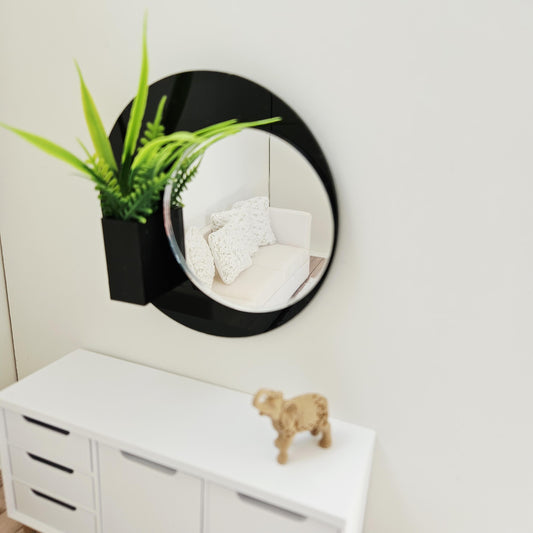 Dolls House Wall Mirror with Planter | Modern Black Or White Acrylic Mirror | 1:12 Scale