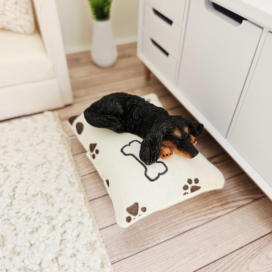 Dolls House Fabric Dog Bed with Paw Print Pad or Boucle Fabric, 12th Scale, Miniature Pet Bed