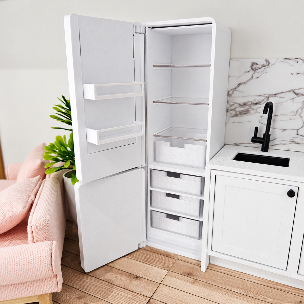 Open 1:12 scale miniature fridge freezer showing three clear shelves, two door shelves, a salad drawer and three freezer drawers