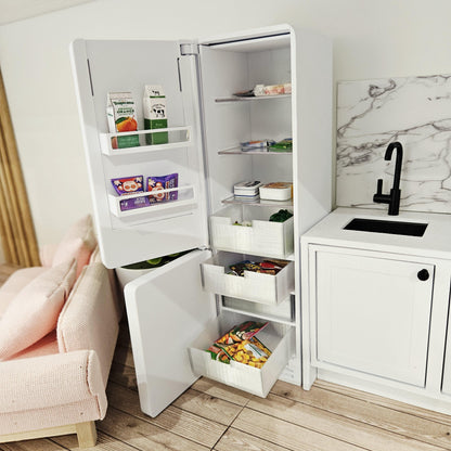 Miniature fridge freezer with open doors and example groceries for display; food and other accessories are not included
