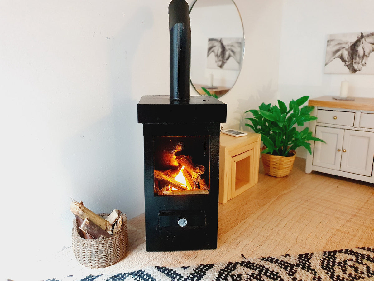 Black Log Fire with Light | 1:12 scale dolls house miniature