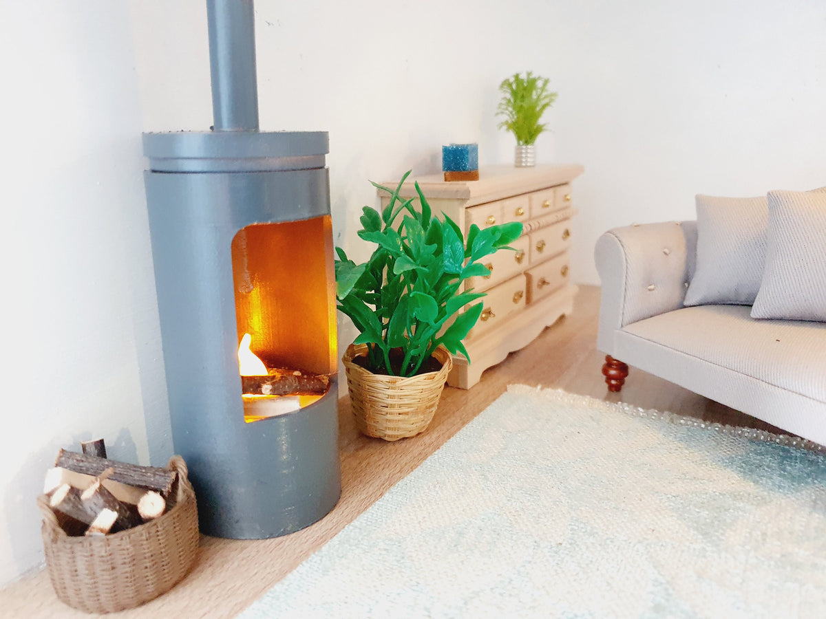 Grey Log Fire – alternate view 3 | 1:12 scale dolls house miniature