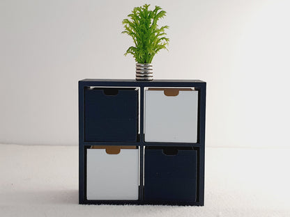 dollhouse 4 cube unit, black unit, 2 white boxes, 2 black boxes, open back, Height: 7 cm Width: 7 cm 
Depth: 3 cm,3d printed, 12th scale miniature