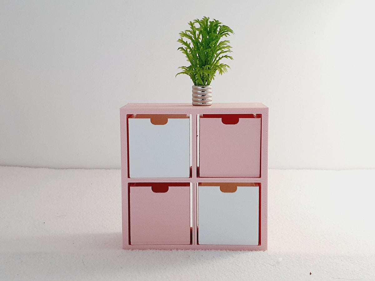 dollhouse 4 cube unit, pink unit, 2 white boxes, 2 pink boxes, open back, Height: 7 cm Width: 7 cm 
Depth: 3 cm,3d printed, 12th scale miniature