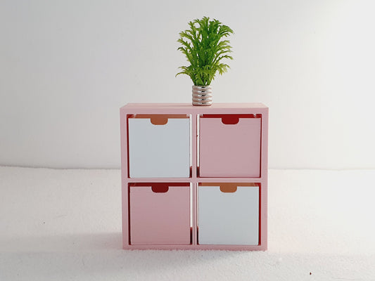 dollhouse 4 cube unit, pink unit, 2 white boxes, 2 pink boxes, open back, Height: 7 cm Width: 7 cm 
Depth: 3 cm,3d printed, 12th scale miniature