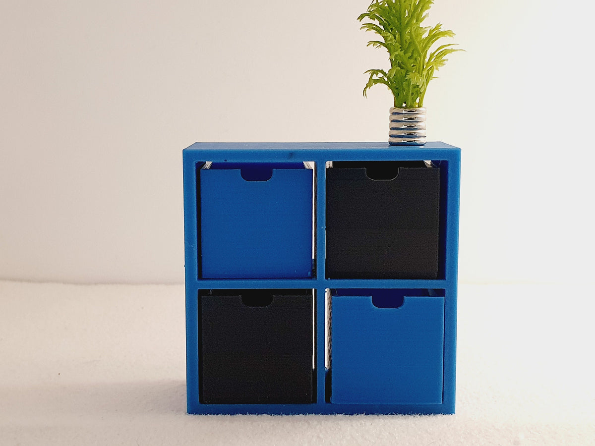 dollhouse 4 cube unit, dark blue unit, 2 white boxes, 2 dark blue boxes, open back, Height: 7 cm Width: 7 cm 
Depth: 3 cm,3d printed, 12th scale miniature