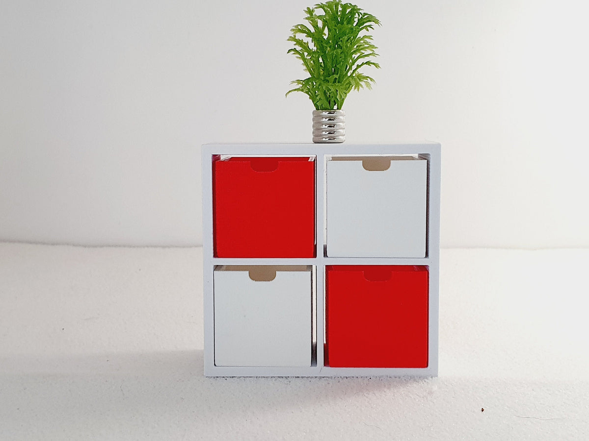dollhouse 4 cube unit, white unit, 2 white boxes, 2 red boxes, open back, Height: 7 cm Width: 7 cm 
Depth: 3 cm,3d printed, 12th scale miniature