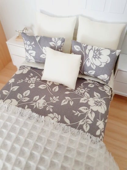 Grey Floral Double Bedding Set | 1:12 scale dolls house miniature