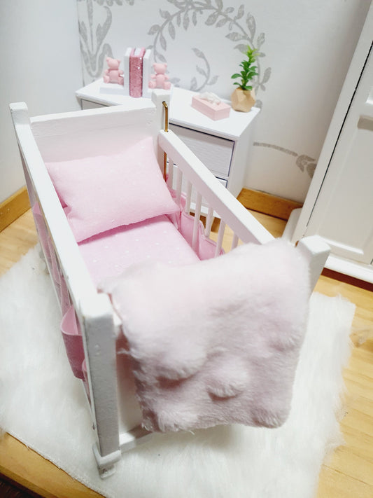 Pink Polka Dot Cot Set with Bumpers | 1:12 scale dolls house miniature