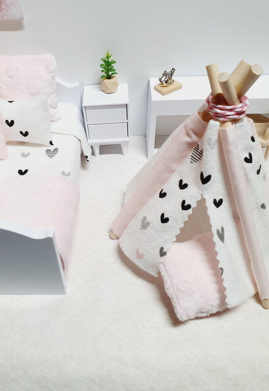 Pink & Black Heart Teepee – alternate view 2 | 1:12 scale dolls house miniature